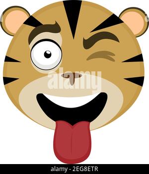 Vecteur émoticône dessin animé de la tête d'un tigre avec une expression heureuse, en se décollant et en collant sa langue avec sa bouche ouverte Illustration de Vecteur