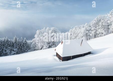 Paysage d'hiver fantastique avec cabine en bois dans la forêt enneigée. Maison confortable dans les montagnes de Carpathian. Concept de vacances de Noël Banque D'Images