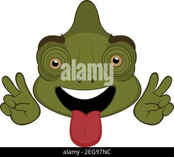Illustration vectorielle d'émoticone dessin animé de la tête d'un caméléon avec une expression heureuse, en collant sa langue et un geste d'amour et de paix Illustration de Vecteur