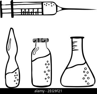 Kit avec seringue, flacon et flacons : illustration vectorielle simple à la main en noir et blanc Illustration de Vecteur