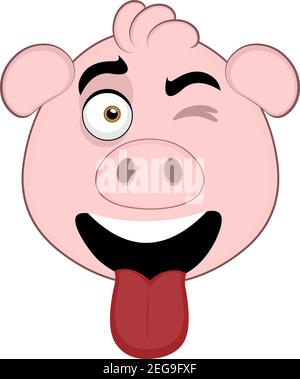 Vecteur émoticône dessin animé de la tête d'un porc avec une expression heureuse, en se décollant et en collant sa langue avec sa bouche ouverte Illustration de Vecteur