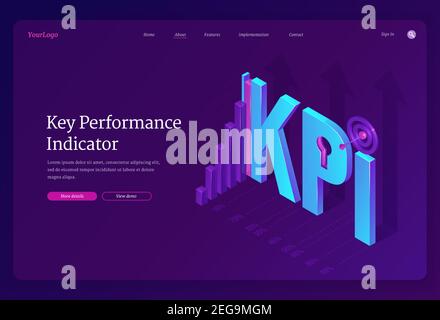 Bannière indicateurs de performance clés. Concept de mesure de la réussite de la stratégie de l'entreprise, de la mise en œuvre des objectifs, de l'optimisation et de la qualité du développement. Page d'accueil Vector de KPI Illustration de Vecteur