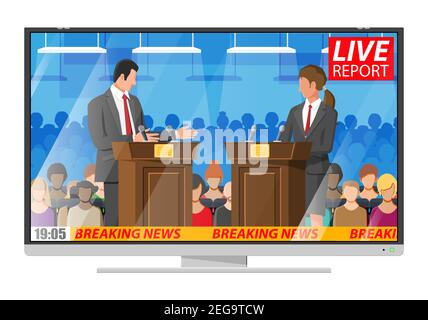 Candidats masculins et féminins à des rôtrums avec microphones sur l'écran de télévision. Discussion politique entre l'homme et la femme. Concept des élections présidentielles. Débat politique et économique. Illustration vectorielle plate Illustration de Vecteur