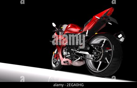Vue latérale d'une moto sportive rouge en plein écran sur fond noir. Rendu 3D. Moto Brandless. Banque D'Images