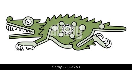 Symbole crocodile aztèque, tel qu'il est représenté dans le Codex Laud au XVIe siècle. Aussi Cipatli, le premier jour du compte divinatoire Aztec. Signe crocodile vert. Banque D'Images