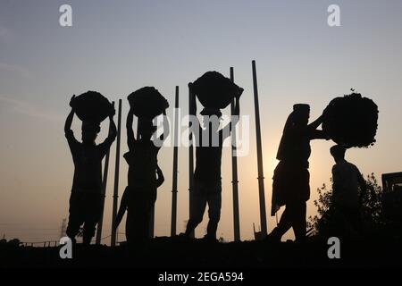 Dhaka, Bangladesh. 18 février 2021. Les travailleurs de jour ont défait du charbon sur leur tête d'un cargo près d'un entrepôt dans la banlieue de Dhaka. Crédit : MD Mehedi Hasan/ZUMA Wire/Alamy Live News Banque D'Images