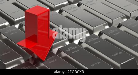 Investissement, banque et business concept: 3d rendant des barres d'argent sur fond de mur de brique. Une flèche rouge se déplace vers le bas sur de nombreux lingots brillants. Trésor Banque D'Images