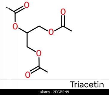 Triacétine, molécule de triacétate de glycérine. Il s'agit de triglycéride, triester de glycérol, additif alimentaire avec E numéro E1518. Formule chimique du squelette. Illus Banque D'Images