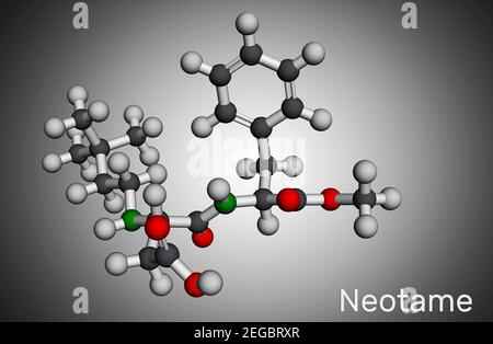 Néotame, édulcorant, molécule E961. Il est dipeptide avec liaison peptidique, édulcorant artificiel, aspartame analogique. Modèle moléculaire. Rendu 3D. Banque D'Images