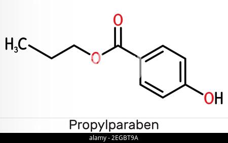 Propylparabène, molécule de propylparabène. Il s'agit d'ester de benzoate, de paraben, d'antimicrobien, de conservateur antifongique, E216. Formule chimique du squelette. Ilustr Banque D'Images