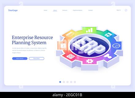 ERP, page de renvoi isométrique de planification des ressources de l'entreprise. Productivité et amélioration développement de systèmes, intégration d'entreprise, stratégie, icônes de bureau sur une énorme bannière Web vecteur 3d de roue dentée ou d'engrenage Illustration de Vecteur