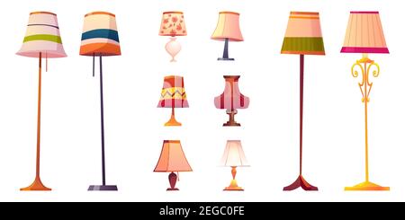 Jeu de lampes de dessin animé, de torches de sol et de table avec différents abat-jour sur les supports longs et courts. Élément de conception pour éclairage domestique et décor isolé sur fond blanc, illustration vectorielle Illustration de Vecteur