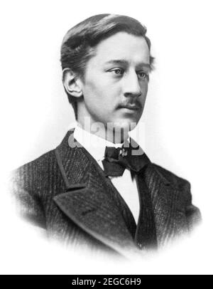 George Bird Grinnell (1849-1938), anthropologue américain, historien, naturaliste, écrivain, et explorer. Diplômé du Yale College (B.A. et Ph.D.), Grinnell est devenu un éminent conservateur et étudiant de la vie amérindienne. Il a accompagné plusieurs expéditions de l'Ouest américain, dont celles menées par le paléontologue Othniel Charles Marsh, le général George Custer et le colonel William Ludlow. Le mont Grinnell, dans le parc national des Glaciers, porte le nom de Grinnell. Banque D'Images