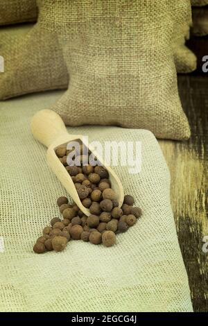 Poivrons d'épices dans une cuillère en bois sur fond en bois. Séchez les grains d'épices dans une cuillère et copiez l'espace pour le texte Banque D'Images