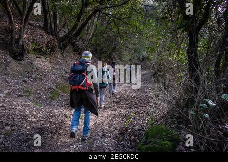 LIVOURNE, ITALIE - 25 FÉVRIER 2020 : personne inconnue fait de la randonnée le long du sentier pendant la randonnée dans les bois des collines de Livourne depuis le Palazzine Banque D'Images
