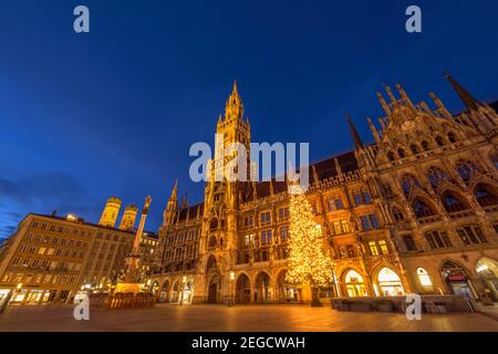 Nouvelle mairie avec arbre de Noël illuminé , Marienplatz, Munich, haute-Bavière, Bavière, Allemagne, Europe Banque D'Images