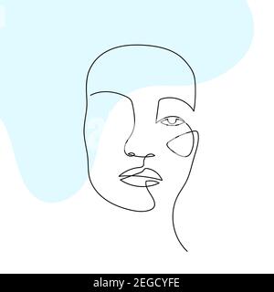 Face abstraite de ligne continue. Portrait contemporain. Dessin au trait à la main avec élément de forme bleu liquide. Concept minimaliste de mode de beauté Illustration de Vecteur