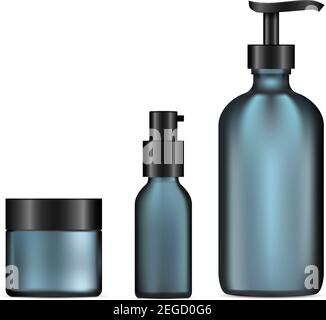 Ensemble de bouteilles cosmétiques en verre. Distributeur de pompe, maquette de modèle de bol de crème. Correcteur facial, produit hydratant. Emballage tonique pour la peau. Ensemble en verre bleu mat Illustration de Vecteur