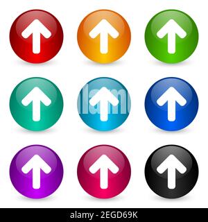 Flèche vers le haut, jeu d'icônes de téléchargement, boutons de ballon de rendu 3d brillant colorés dans 9 options de couleur pour les applications de conception Web et mobiles Banque D'Images
