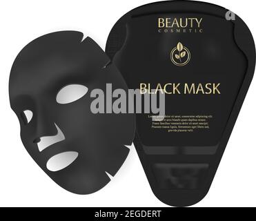 Masque facial. Masque de charbon noir avec sachet. Kit de produits cosmétiques de beauté pour les soins du visage. Modèle de blanc de traitement des pores, isolé en arrière-plan. Illustration de Vecteur