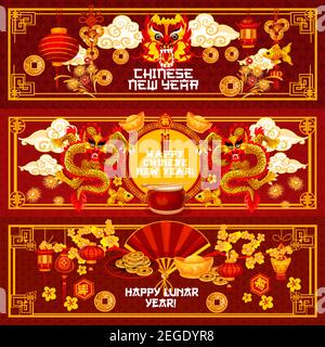 Banderoles de salutation du nouvel an chinois traditionnel décorations et ornements dorés de Chine et voeux hiéroglyphe dans cadre or. Vecteur année lunaire vacances Illustration de Vecteur