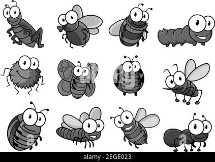 Jeu de personnages de dessin animé insecte. Papillon, insecte, abeille, chenille, mouche et coccinelle, araignée, moustique, guêpe et fourmis, bourdon, libellule, sauterelle et Illustration de Vecteur