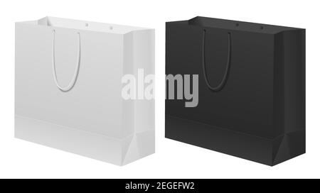Ensemble de sacs en papier noir et blanc. Modèle cadeau de transport blanc avec poignée. Vider la boîte de marquage pour la marchandise et l'emballage des aliments destinés à la vente Voir le design vierge de l'ensemble pour Illustration de Vecteur