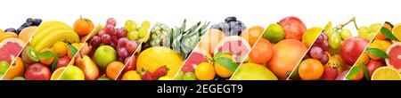 Collecte de fruits frais isolés sur fond blanc. Collage panoramique. Photo large avec espace libre pour le texte. Banque D'Images