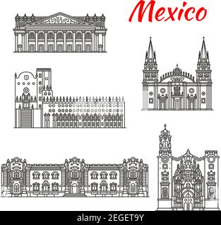 Voyage mexicain point de repère de Guadalajara et de Guanajuato sites touristiques thin line Icon Set. L'église de la Valenciana, le théâtre Degollado et Guadalajara Cate Illustration de Vecteur