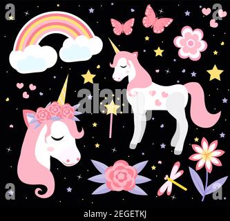 Ensemble de licorne mignon petit, style dessin animé moderne. Collection de contes de fées pour les enfants avec arc-en-ciel, fleurs, étoiles, magie. Illustration vectorielle. Illustration de Vecteur