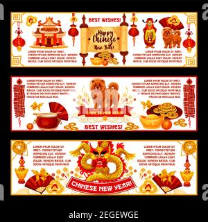 Banderoles de vœux du nouvel an chinois traditionnel avec symboles de fête lunaire du nouvel an chinois. Tambours chinois vectoriels, éventail et lanternes en papier rouge ou chanceux Illustration de Vecteur