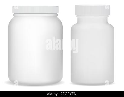 Bouteilles de supplément en plastique blanc. Pot de sport pour poudre de protéine de lactosérum. Tube de bouteille de vitamine 3D. Emballage des comprimés nutritionnels. Aspirine medi Illustration de Vecteur