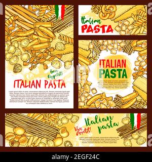 Affiches de pâtes italiennes ou bannières pour la conception de restaurants. Tagliatelles vectorielles, fettuccine ou farfalle et tagliatelles fabriquées à la main de blé dur. Italie traditionnelle Illustration de Vecteur