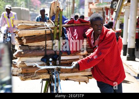 La Vallée du Rift : un jeune homme sur son vélo en bois de transport à travers les rues de la ville d'Eldoret Banque D'Images