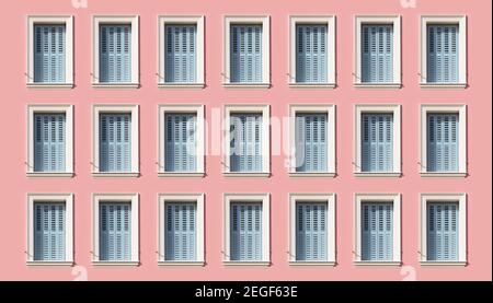 Volets en bois de fenêtre sur fond peint rose pastel. Fenêtres fermées de style européen bleu pâle avec cadre décoratif sur le bâtiment de l'appartement Banque D'Images