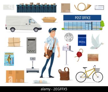 Ensemble de dessins animés du service de livraison postale avec icône de poste et de poste. Bureau de poste, courrier, courrier et boîte aux lettres, timbre-poste, colis et colis, bt postal Illustration de Vecteur