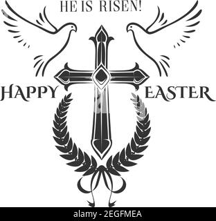 Bonne croix de Pâques crucifix et icône des colombes volantes pour les vacances religieuses de Pâques. Vecteur isolé symbole de la croix chrétienne dans la couronne de Laurier avec ruban Illustration de Vecteur
