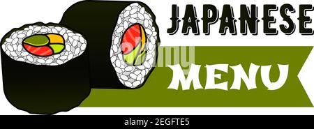 Le menu du bar à sushis japonais ou du restaurant de fruits de mer asiatique est emblématique. Vecteur isolé symbole de la cuisine japonaise des petits pains à sushis avec du saumon ou des crevettes ric Illustration de Vecteur