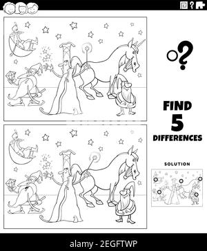 Illustration de dessin animé noir et blanc de la recherche des différences entre images jeu éducatif avec des personnages fantaisie coloriage page de livre Illustration de Vecteur