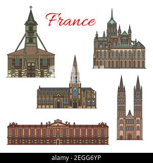 France célèbres monuments de voyage bâtiments et architecture visite façades icônes. Ensemble vectoriel de la cathédrale de Treguier, du monastère de St Stefan ou de Toulouse Illustration de Vecteur