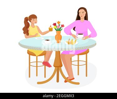 Petit déjeuner à la maison à la table mère et fille. Vecteur. Illustration de Vecteur