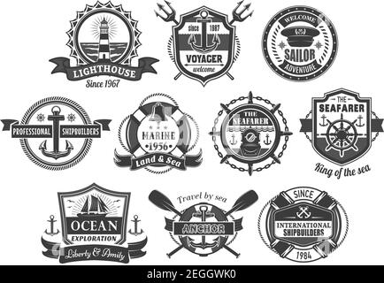 Badges marins et icônes héraldiques marins. Ancrage de navire vectoriel, gouvernail et phare, pagaies croisées ou trident et frégate océanique, lif Illustration de Vecteur