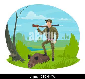 Chasseur avec fusil et icône de dessin animé trophée pour la chasse thème de sport. Huntsman en uniforme de camouflage debout sur la verge de la forêt avec le canon et le b sauvage Illustration de Vecteur