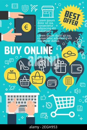 Acheter poster en ligne pour le shopping sur Internet et le concept de marketing sur le Web. Panier, panier et argent, boutique en ligne, carte de crédit bancaire et boîte-cadeau fine l Illustration de Vecteur