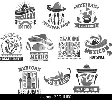 Ensemble d'icônes de restaurant mexicain composé d'un chapeau de sombrero, de piment jalapeno au tacos ou au burrito ou et d'une bouteille de tequila. Déco Aztec ou Maya isolée par vecteur Illustration de Vecteur