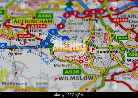 L'aéroport de Manchester et les environs sont indiqués sur une carte routière ou carte géographique Banque D'Images