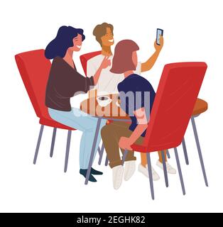 Amis se reposant dans un café et prenant selfie au téléphone Illustration de Vecteur