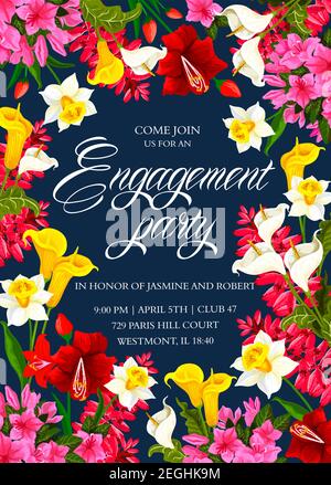 Modèle vectoriel coloré de partie d'engagement. Motif fleuri pour la fête d'engagement de couple charmant. Poster créatif avec différentes fleurs colorées ca Illustration de Vecteur
