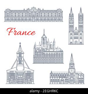 Voyage point de repère de la France icône fine de l'architecture française. Cathédrale de Treguier, Hôtel de ville de Toulouse et Abbaye de St Etienne, Cathédrale de Bayeux a Illustration de Vecteur
