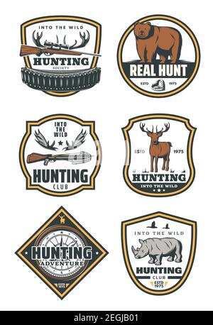 Ensemble de badges vectoriels concept de chasse. Icônes vectorielles avec animaux sauvages et équipement de chasse isolés sur fond blanc. Emblèmes vectoriels avec cerf et Illustration de Vecteur